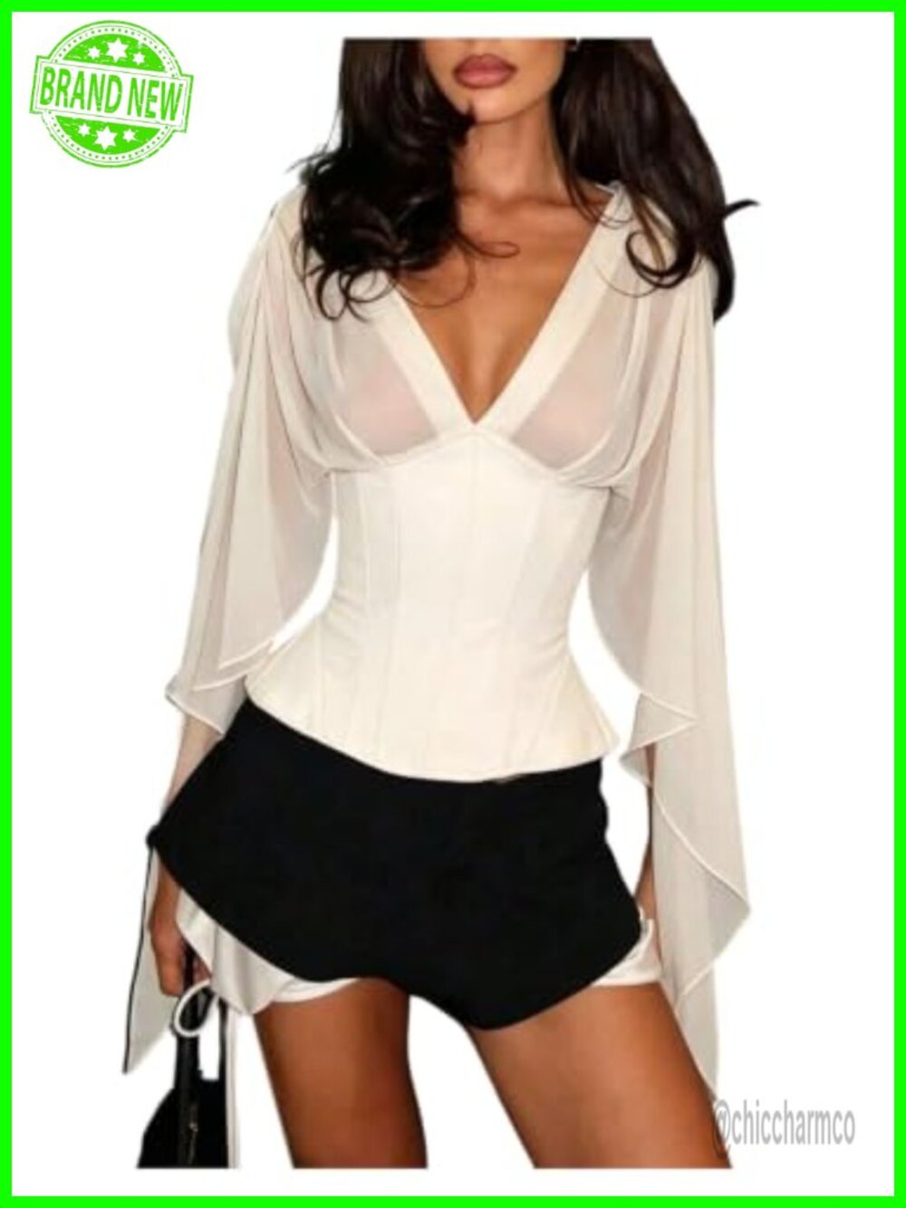 Women's Deep V Neck Sheer Long Sleeve Cinched Waist Blouse Top